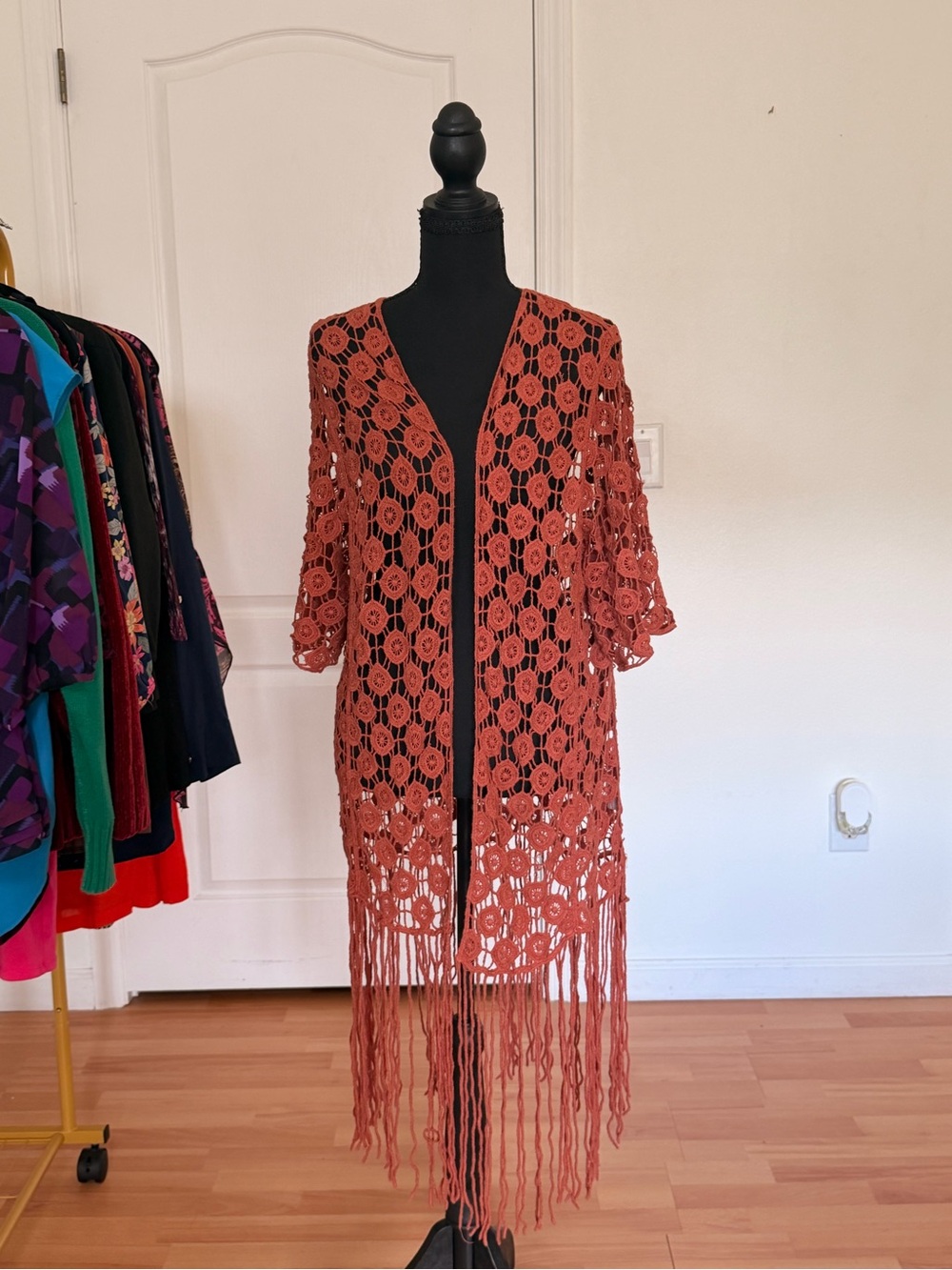 Rebellion Rust Crochet Open Front Fringe Duster Cardigan | Cover Up